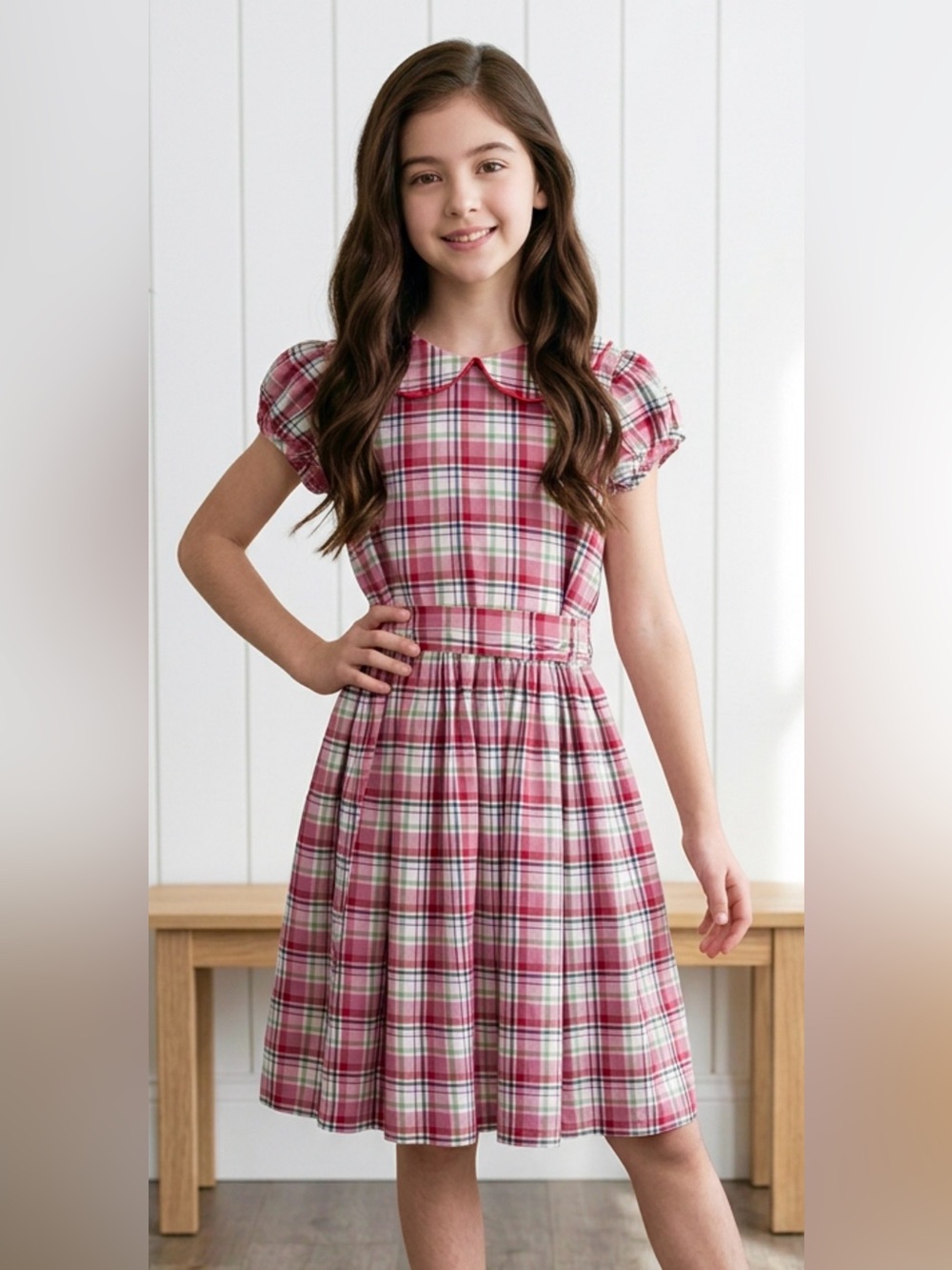 Kayce Hughes Dress Girl’s 6 S Red White Plaid Classic Collar Puff Sleeves NEW